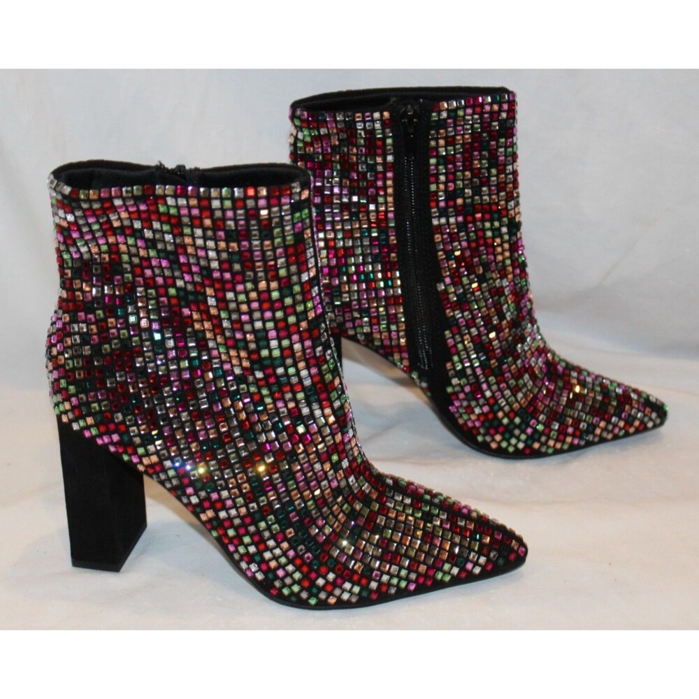 Wild Pair Women Ingrid Block Heel Ankle Bootie Sz US 6 Rhinestone PINK BLACK